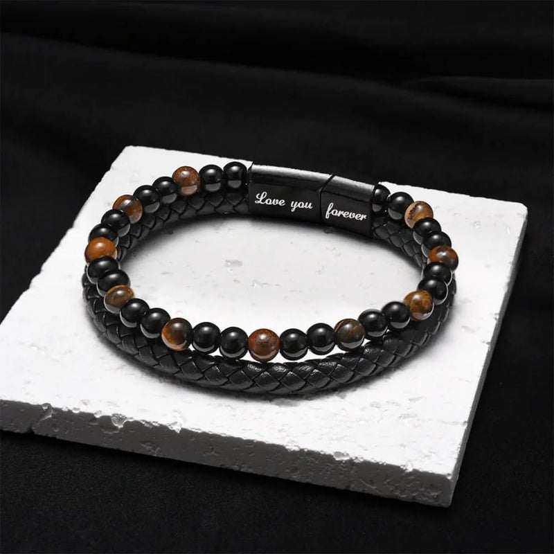 DivaGlamz The Guardian - Son's Tiger Eye Protection Bracelet From Mom, Black Braided Leather natural stone Inspirational Bracelets Engraved Love You Forever Birthday Gift Jewelry - Image 2